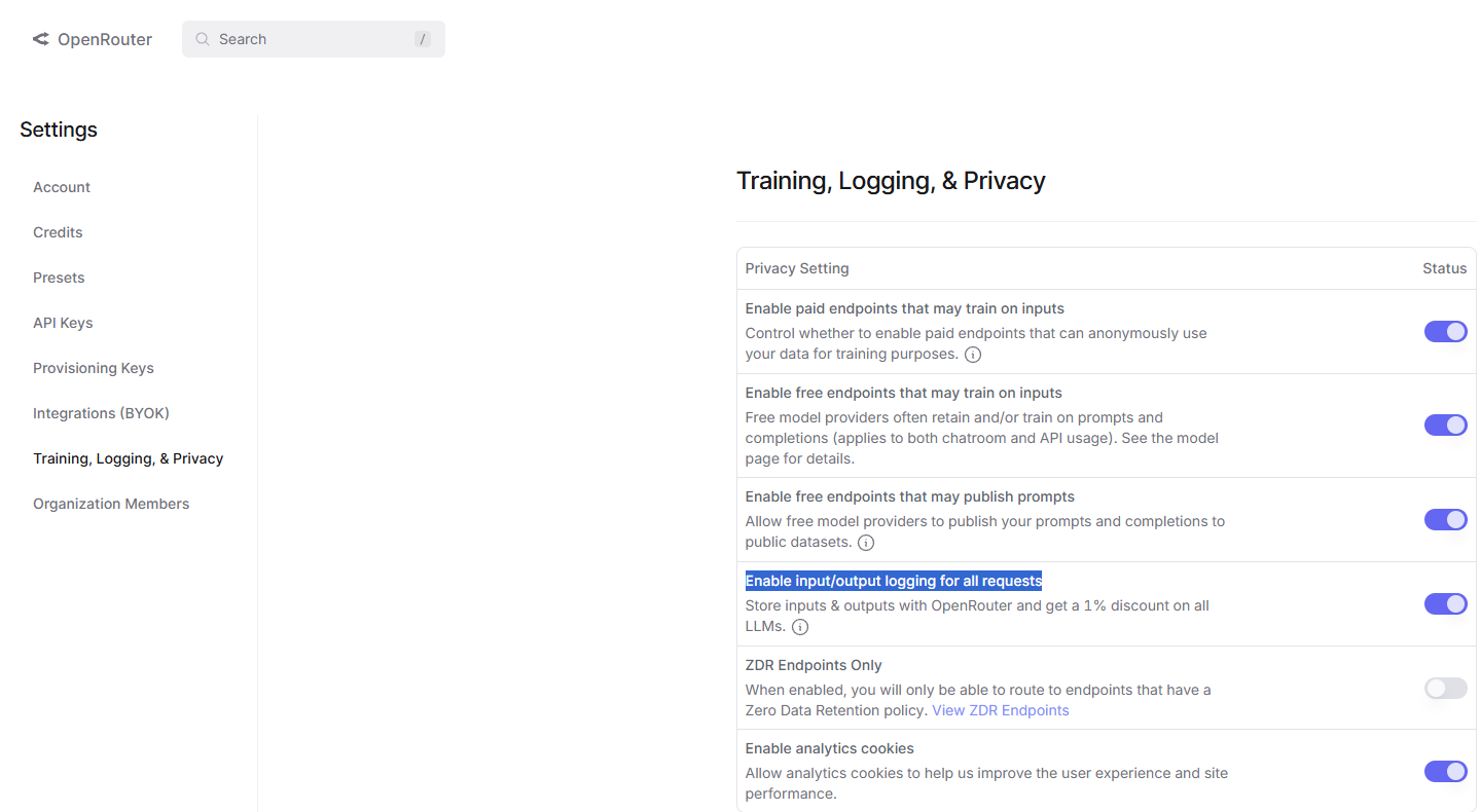 OpenRouter Discount: Enabling input/output logging to receive a 1% discount on OpenRouter's platform fee.